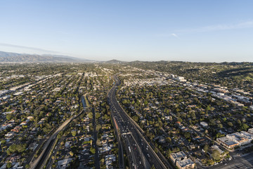Aerial view of Ventura 101 Freeway near Van Nuys Blvd in the San Fernando Valley area of Los Angeles, California.