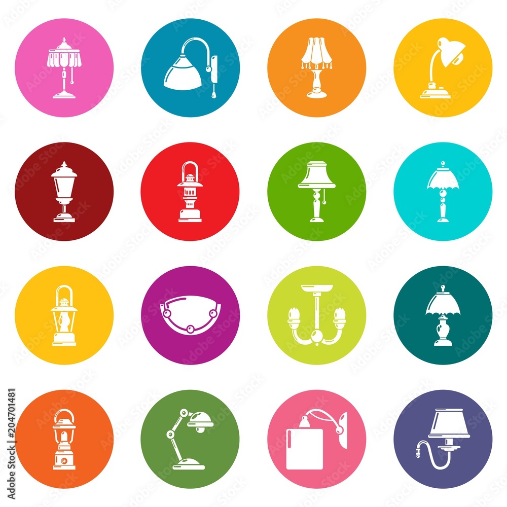 Poster lamp icons set colorful circles vector