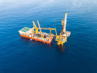 Aerial View of Tender Drilling Oil Rig (Barge Oil Rig) in The Middle of The Ocean