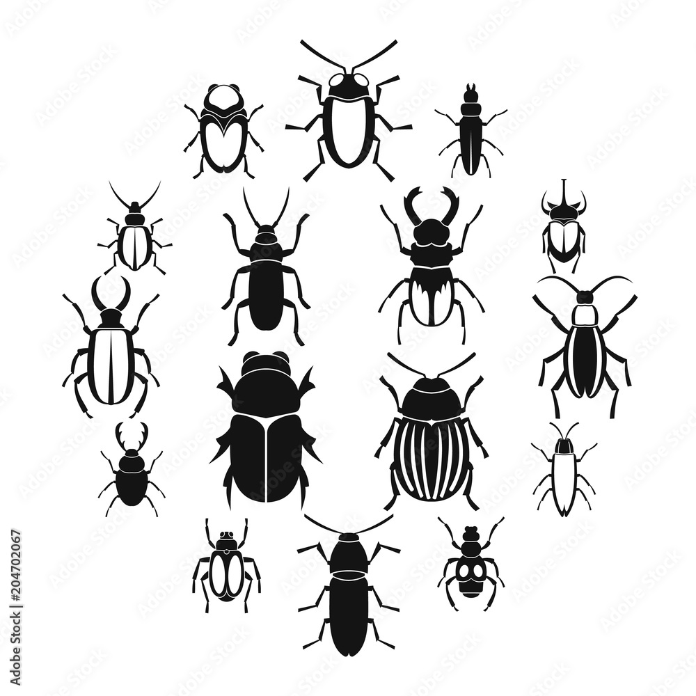 Poster bugs icons set, simple style