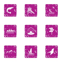 Onshore fish icons set, grunge style