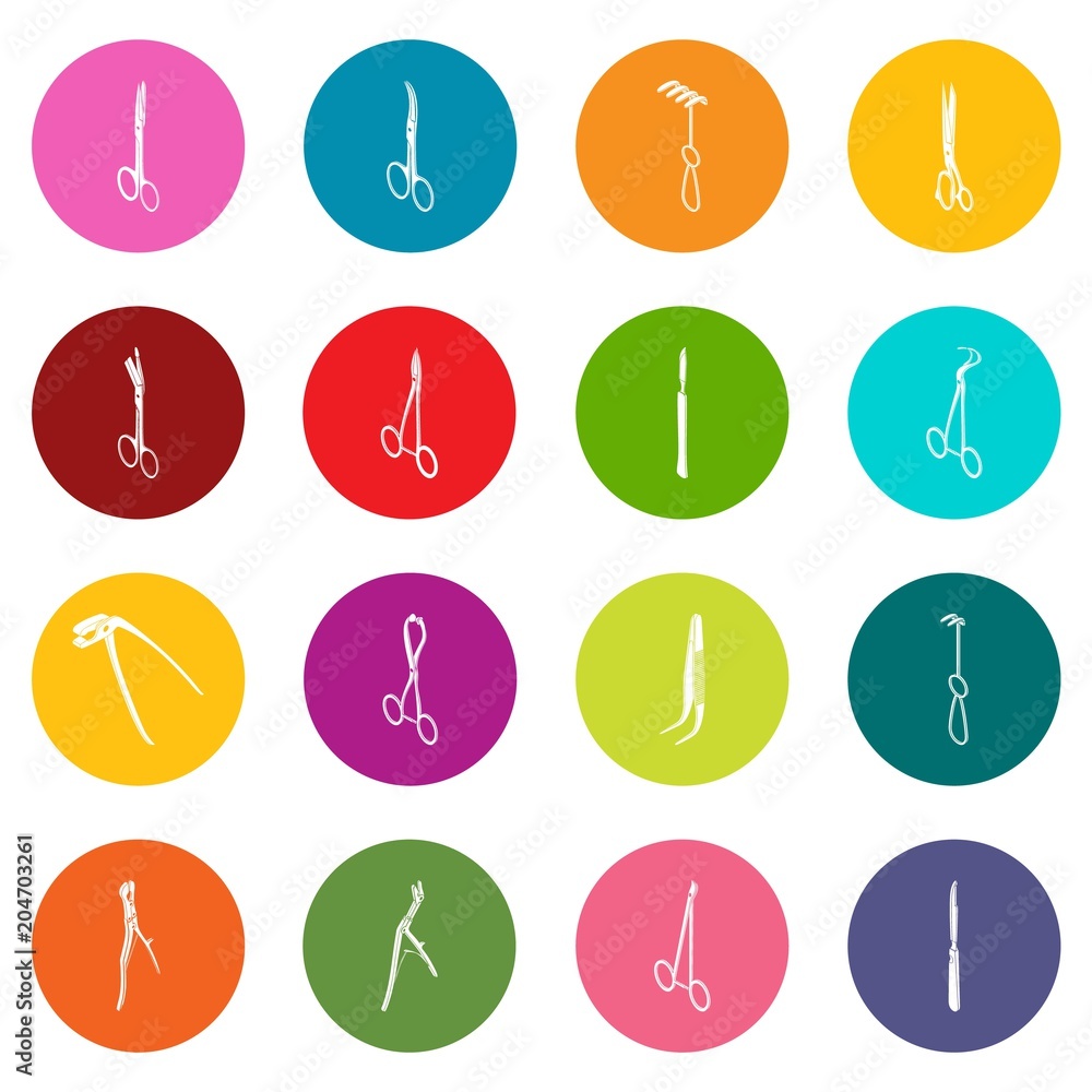 Poster surgeons tools icons set colorful circles vector