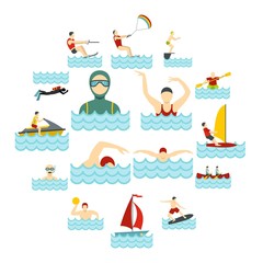 Water sport set flat icons
