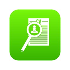 Magnifying glass over curriculum vita icon digital green