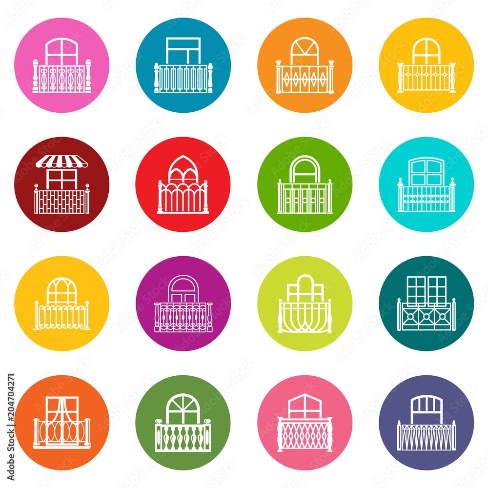 Poster balcony window icons set colorful circles vector