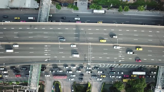 Aerial view of traffic on the highway (urban transportation) in the morning in Bangkok Thailand
