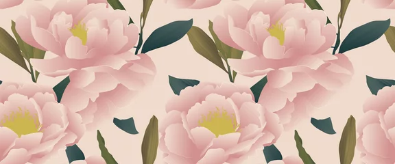 Muurstickers Seamless pattern, hand drawn pastel pink Peony flowers with leaves on light pink background © momosama
