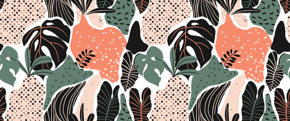 Seamless pattern, hand drawn abstract plant, leaf , Split leaf Philodendron, green and pink tones on white background