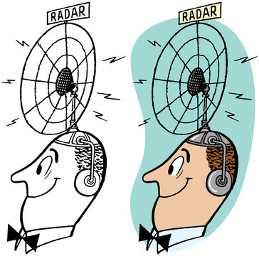 A man wearing a radar dish on his head. 