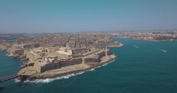 Aerial panorama view- Ancient capital city of Valletta Malta with port, cathedral and old town. Island Country of Europe in the Mediterranean Sea