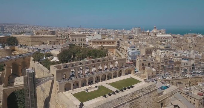 Aerial panorama view- Ancient capital city of Valletta Malta with port, cathedral and old town. Island Country of Europe in the Mediterranean Sea