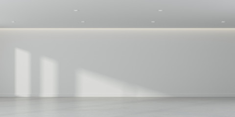 3D rendering of white room space with interior lighting and sun light cast the window shadow on the wall and floor,Perspective of minimal design architecture	