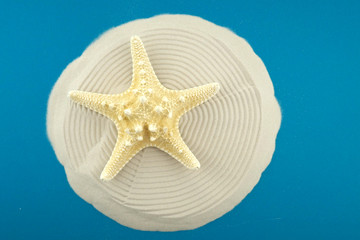 Summer sea flat lay.Beige dry starfish on a circle of sand on a blue background.top view,copy space .tropical island in the sea concept Vacation.Summer time.	