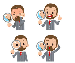 Vector businessman character holding magnify glass in different actions