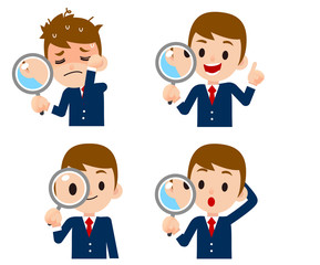 Vector businessman character holding magnify glass in different actions