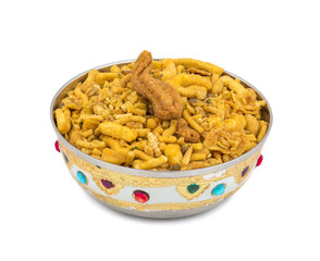 Rajasthani Fried Dish Mixture Namkeen in Vintage Bowl isolated on White Background