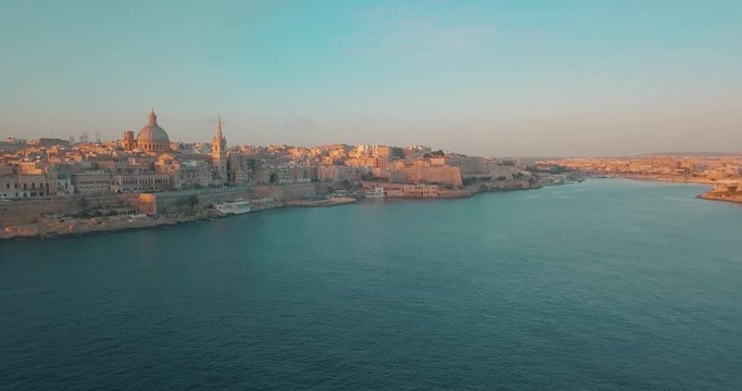 Aerial panorama view- Ancient capital city of Valletta Malta with port, cathedral and old town. Island Country of Europe in the Mediterranean Sea