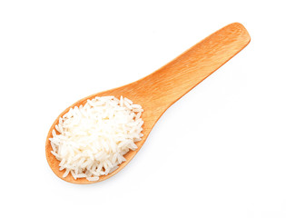rice in wood spoon isolated on white background