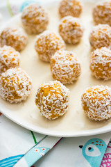 Raw vegan sweet coconut balls. Healthy sweets with dried apricot, dates and coconut meat and oil on plate. Vegetarian food concept.