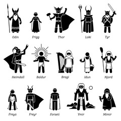 Ancient Norse Mythology Gods and Goddesses Characters Icon Set - obrazy, fototapety, plakaty