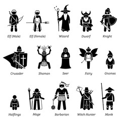 Ancient medieval fantasy characters classes and warriors icon set. © leremy