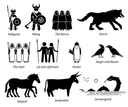 Ancient Norse Mythology People, Monsters and Creatures Characters Icon Set