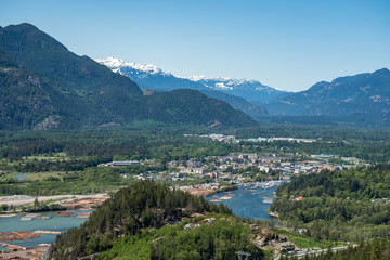 Fototapeta na wymiar Squamish village view from the mountain top in a sunny day