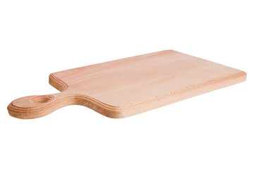 chopping board made of beech wood, new empty board with handle, side view
