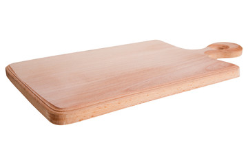 chopping board made of beech wood, new empty board with handle, side view