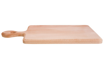 chopping board made of beech wood, new empty board with handle, side view