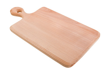 chopping board made of beech wood, new empty board with handle, side view