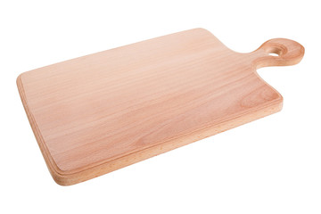 chopping board made of beech wood, new empty board with handle, side view