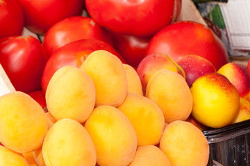 apricots and tomatoes on a counter of shop