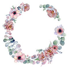 watercolor wreath frame with anemone, peonies flowers and herbs