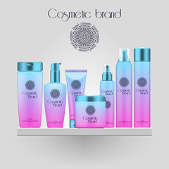 Set of realistic gradient color cosmetic bottle. 3D mockup bottle isolated on white background. Cosmetic products package.