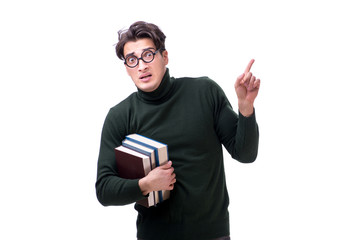 Nerd young student with books isolated on white