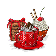Cup of coffe, cupcake and cookies illustration