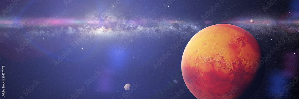 Wall mural the red planet mars with it moons phobos and deimos, part of the milky way galaxy