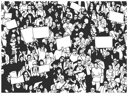 Illustration of protesting crowd with signs banners flag in black and white