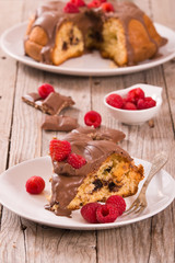 Chocolate cake with raspberries.