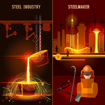 Steel industry set. Metallurgy process. Hot steel pouring in steel plant. Smelting of metal in big foundry. Iron and factory workshop