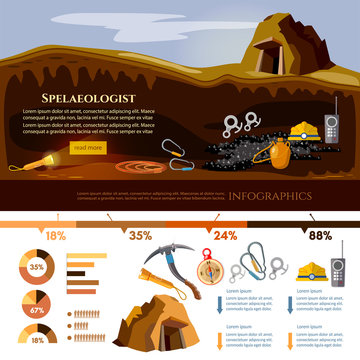 Study of underground caves vector illustration. Speleology spelunker infographic elements