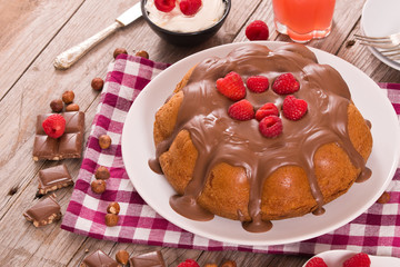 Chocolate cake with raspberries.