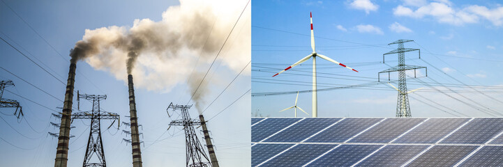 Clean vs dirty energy. Solar panels and wind turbines against fuel coal power plant. Sustainable...