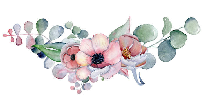 Fototapeta watercolor bouquet with anemone, peonies flowers and herbs