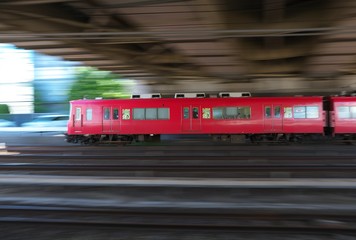 Aichi,Japan-May 11, 2018: Panning of a private railway train recorded near JR Atsuta station.
