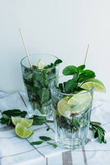 Mojito cocktail with lime and mint in glass