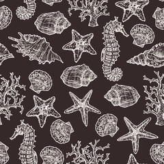Cotton fabric Seamless Hand Drawn Sea Pattern With Shells, Sea Horse, Starfish And Corals On Chalkboard. Summer Background