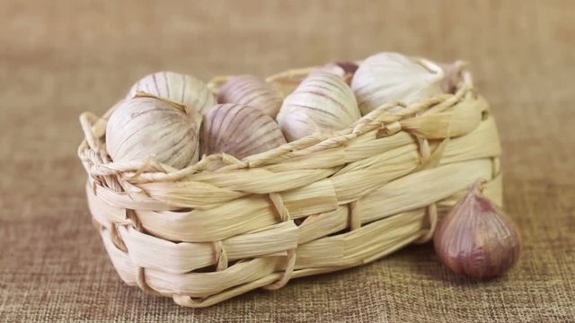 Basket with garlic lies on linen cloth, tilt