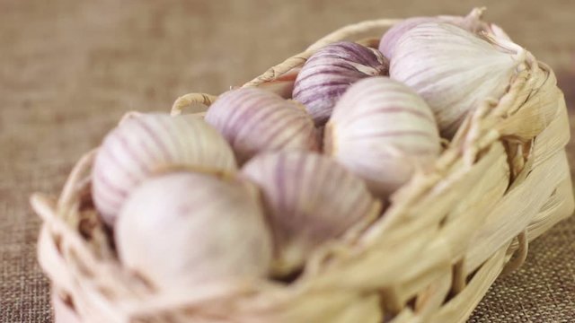 Basket with garlic lies on linen cloth, change of focus
